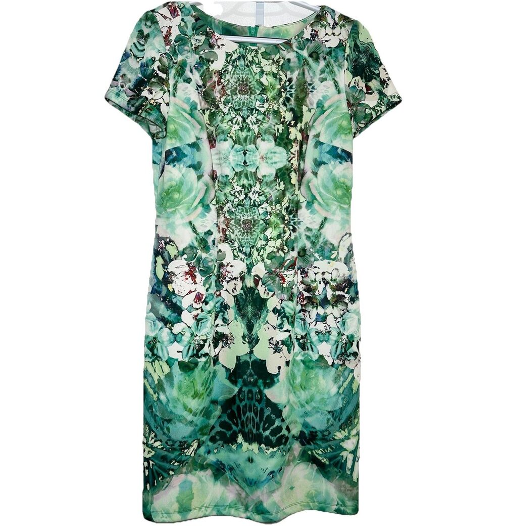 I.N. Studio Women’s Size 8 Green Floral Sheath Dress Short Sleeve Knee Length